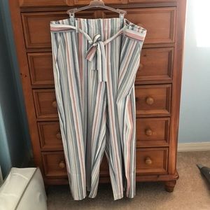 High rise woven tie front wide leg pants